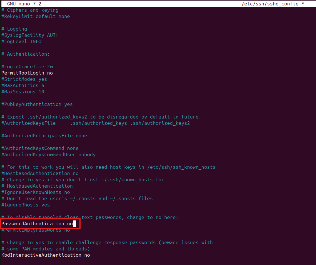 PasswordAuthentication no en sshd_config