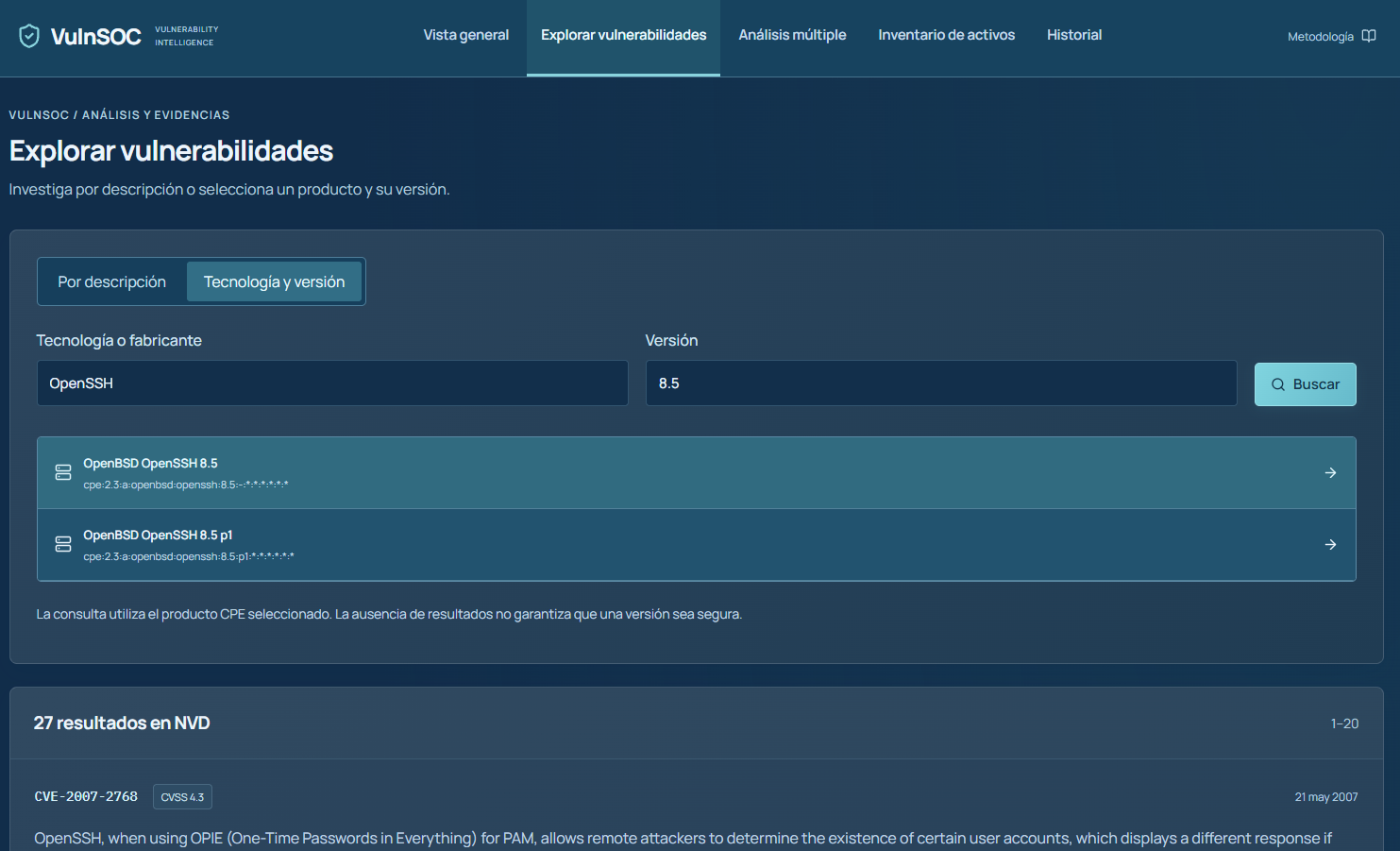 Exploración de vulnerabilidades mediante tecnología y versión