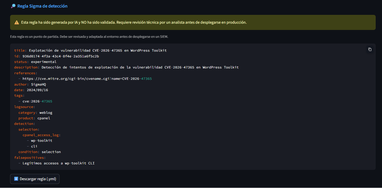 Regla Sigma generada para el CVE, con su origen indicado