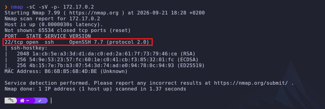 Escaneo nmap: puerto 22 abierto con OpenSSH 7.7